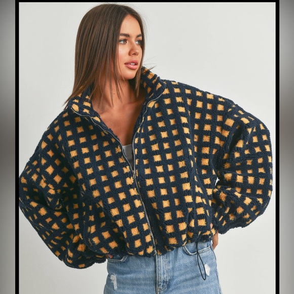 New Fuzzy Sherpa, Navy Blue and Gold Jacket - Picture 1 of 6
